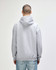 A grey hooded sweatshirt with a kangaroo pocket, viewed from the back. It features a logo on the back.