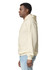 A light beige hooded sweatshirt on a man, featuring a front pouch pocket and a casual fit.