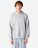 A grey unisex hooded sweatshirt featuring a front pocket and a logo on the chest.