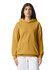 A unisex hooded sweatshirt in mustard yellow with a front pocket and a logo.