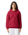 A unisex hooded sweatshirt in a deep red colour with a front pocket and a relaxed fit. It features a logo.