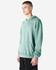 A unisex hooded sweatshirt in a soft green shade, featuring a front pouch pocket and a branded logo.