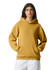 A unisex hooded sweatshirt in mustard yellow with a front pocket and a relaxed fit, featuring a logo.