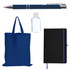A blue tote bag, a black notebook with a blue ribbon bookmark, a clear bottle of hand sanitizer, and a blue pen.