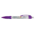 A purple plastic pen with a clear barrel and a clip, featuring a logo. The pen has a retractable tip.