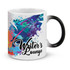 A coffee mug with a colourful abstract design in blue, purple, and orange, featuring a logo.