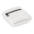 A white wrist sweat band with a small zippered pocket, featuring a textured fabric design.