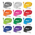 A collection of colourful dog leashes in various shades including grey, yellow, orange, pink, green, blue, purple, and black, each with a clip.