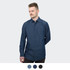 A men's denim button-up shirt in a deep blue shade, featuring long sleeves and a logo.