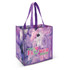A purple tote bag featuring floral designs and a logo, with sturdy handles for easy carrying.