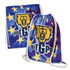A drawstring backpack featuring a vibrant blue and purple design with a yellow bear logo and stars.