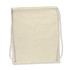 A drawstring backpack in a neutral beige color with matching cords for closure.