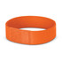 An orange wristband made of textured material, featuring a smooth fastening area. It includes a logo.