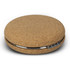 A circular compact mirror with a natural cork exterior and a stainless steel latch.
