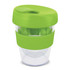 A drink bottle with a clear bottom and a bright green lid and band, featuring a logo. Ideal for beverages.