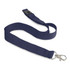 A navy blue cotton lanyard with a metal clip and adjustable buckle, featuring a branding logo.