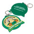 A large green PVC key ring with a moulded design featuring a character and a logo on one side.