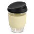 A drink bottle featuring a clear borosilicate body, beige silicone sleeve, and a black lid. It includes branding.