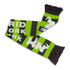 A green and black knitted scarf with a fringe, featuring a patterned design and a logo.