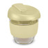 A drink bottle with a transparent glass body and a soft yellow, silicone lid and grip, featuring a logo.