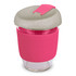 A drink bottle with a transparent body, pink silicone sleeve, and a beige lid featuring a clip.