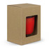 A drink bottle in red, presented in a brown cardboard box with a clear window. The box has an accompanying logo.