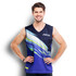 A men's performance singlet in navy blue with a multicoloured abstract design and a logo on the chest.
