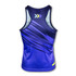 A women's performance singlet in navy blue with vibrant abstract patterns and a logo on the back.