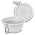 A silicone collapsible pet bowl in white with a carabiner for easy attachment. Features a smooth, circular design.