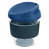 A drink bottle in navy blue and transparent, featuring a silicone sleeve and a lid, with a branding logo.