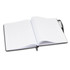A large black hardcover notebook with blank lined pages, open to display the interior.