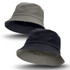A reversible bucket hat featuring grey on one side and black on the other, with an inner logo.