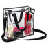 A clear satchel with black trim, featuring a drink bottle, towel, phone, and lotion inside.