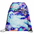 A vibrant drawstring backsack featuring a space-themed design with an astronaut and planets in shades of blue, pink, and green.