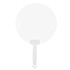 A round, clear plastic fan with a white handle and a hole for easy carrying.