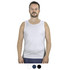 A man is wearing a white sports tank top. The product also comes in two additional colours. It features a logo.