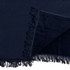 A navy hooded towel with fringed edges, featuring a soft texture and an interior layer. It has a logo on the fabric.