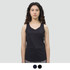 A black women's sports tank top with a scoop neckline and a slim fit, featuring a logo.