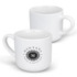 A white coffee mug featuring a circular logo with intricate designs. The mug has a comfortable handle.