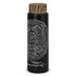 A drink bottle in matte black with a wooden lid, featuring a decorative floral design. It has a logo on the side.
