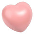 A pink heart-shaped stress relief toy with a smooth surface. The product has a logo on it.