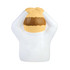 A stress relief toy shaped like a figure with a beige head and white body, featuring brown hair. It has a logo on it.