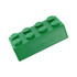 A green stress building block in the shape of a LEGO brick, featuring rounded top studs. It has a shiny finish and branding.