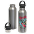 A drink bottle in stainless steel with a black carry lid, featuring a colourful surfing design.