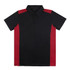 A polo shirt in navy blue with red side panels, featuring a collar and buttons, and has a logo.