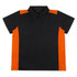 A black polo shirt with orange accents and a collar, featuring a logo on the front.