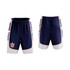 Basketball shorts in navy blue and white with a logo and side text design.