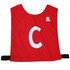 Red pull-over elastic netball bib with a white 'C' and a logo on the side. Features black elastic straps.