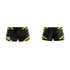 Black sports shorts with yellow diagonal stripes, featuring a number on one side and a logo.