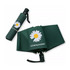 A full colour green umbrella with a daisy design and a matching cylindrical case. It features a logo on the case.